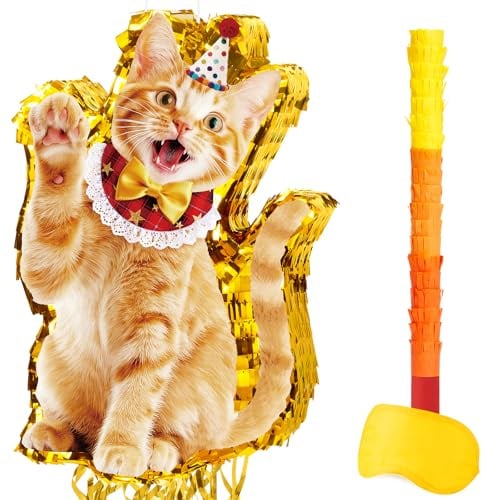 WERNNSAI Katze Pinata – Haustier Kätzchen Geburtstag Deko für Party Zubehör | Orange Katze Piñata mit Stock Augenbinde Haustier Mottoparty Deko Hängende Kätzchen Piñata Festliche Partyzubehör