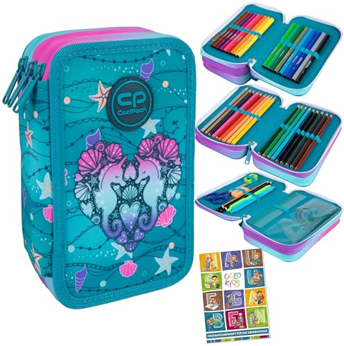 Goldkids - Federmäppchen 3 Fächer - Mäppchen für Mädchen und Jungen - Federmappe 3-Fach Federtasche Gefüllte Schüleretui Schulmäppchen und Hausaufgabenheft - Seafish Motiv