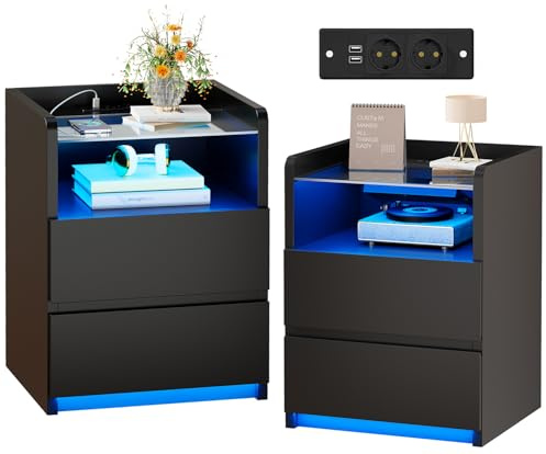 ANWBROAD Nachttisch 2er Set, LED Glasplatte Nachtschrank mit Ladefunktion | 2 Schubladen Nachtschrank mit USB-Anschlüssen und Steckdosen Beistelltisch Modern für Wohnzimmer Schlafzimmer Schwarz BNS001B