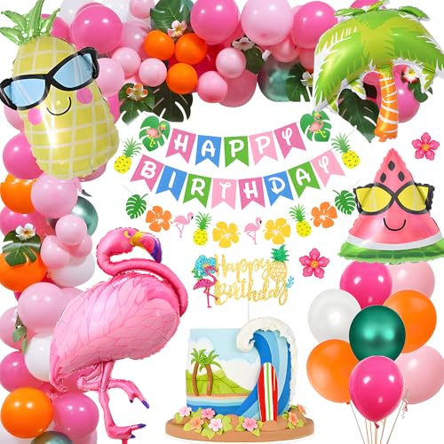 Hawaii Deko Flamingo Ballons, Tropische Luftballon Girlande Flamingo Tropical Balloon mit Geburtstags Banner, Palmblatt Hawaiian Luftballons für Luau Sommer Tropische Themen Party Dekoration