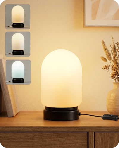 GOEBLESON Lampe de Table, Abat-Jour en Verre Blanc, Noir | Ampoule E27 Inclus, Diamètre de 11 cm, 3 Températures de Couleur, Interrupteur, Design Moderne, pour Salon, Chambre, Couloir