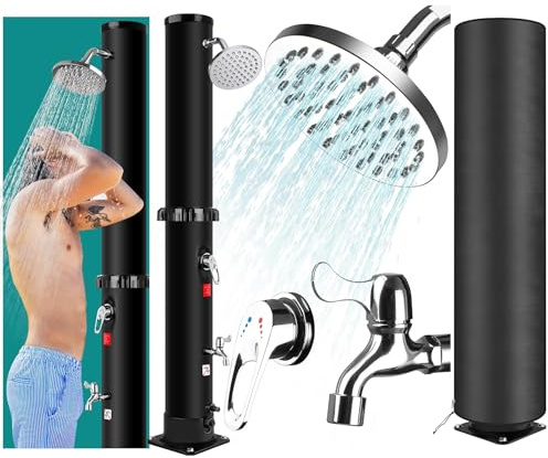Doccia Solare da Giardino 35L con Copertura Protettiva e Sacca, Doccia Solare da Esterno per Piscina, Soffione 360°, Miscelatore Caldo/Freddo, Rubinetto Lavapiedi, PVC Nero