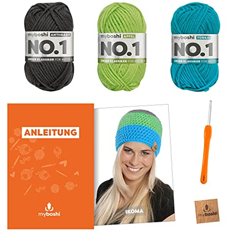 myboshi Häkelset Mütze Ikoma für Anfänger, inkl. No.1 Wolle, Häkelnadel, Wollnadeln, Anleitung, Label, Mützen-Häkelpaket, 30% Merinowolle Grün mit Häkelnadel