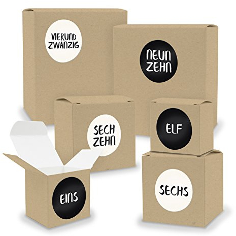 DIY itenga Adventskalender Set V02 zum Selberbefüllen 24 Schachteln Quader und Würfel gemischt BRAUN Kraftkarton + ZahlenSticker (Motiv Z23 Zahlen geschrieben/Schwarz Weiß)