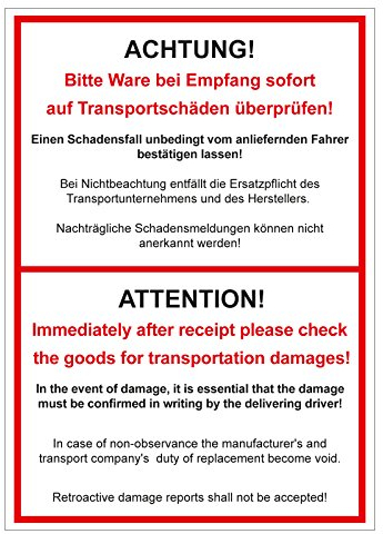 Verpackungskennzeichen Achtung! Bitte Ware bei Empfang sofort überprüfen zweisprachig 500 St. 105 x 148 mm Haftpapier Paketaufkleber Versandaufkleber Etiketten