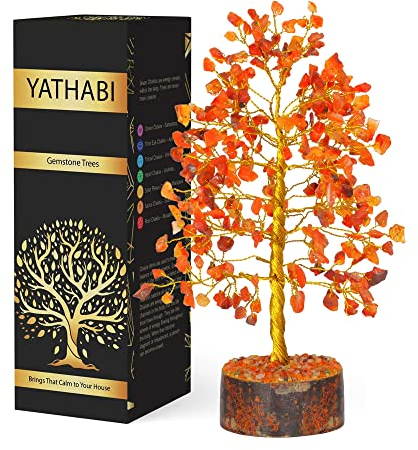 YATHABI Kristall-Bonsai Baum des Lebens - Karneol Goldener Draht - 24.1 cm - Bonsai - Feng Shui Geldbaum - Kristall Dekor - Positive Energie