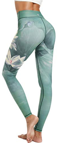 HAPYWER Yoga Leggings Damen High Waist Yogahose Bunt Gym Sport Leggings Tummy Control Running Workout - Stretch Kompressionshose mit Aufdruck für Frauen(Lotos Grün,L)