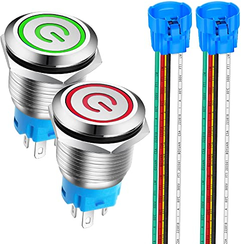 Gebildet 2Stücke 19mm Edelstahl Latching Drucktastenschalter 12V-24V 5A Power Symbol LED 1NO1NC SPDT ON Off Wasserdichter Nicht-Momentan Kippschalter mit Steckdose Stecker (Rot + Grün LED)
