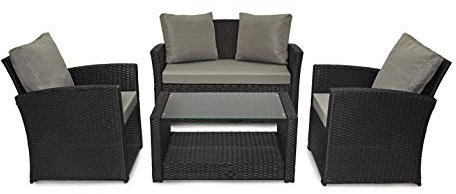 EVRE 4 Seater Rattan Garden Conservatory Patio Furniture Sofa Armchair Roma Set with Glass Top Coffee Table Wicker Weave Sofa and Cushions (Black)