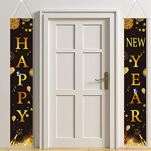 HOWAF Neujahr Party Dekorationen Silvester Deko 2025 Schwarz und Gold, Frohes Neujahr Banner Willkommen Veranda Zeichen für Neujahrsdeko, 2025 Silvesterpartydeko