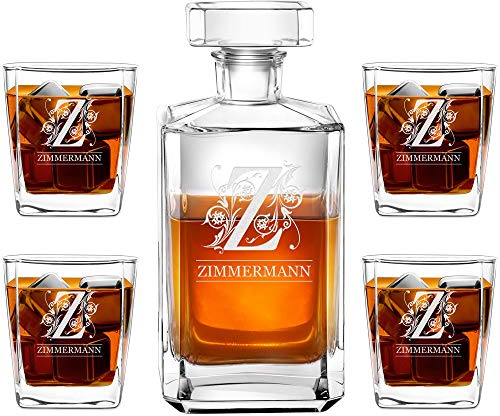 Maverton Whiskey Karaffe + 4 / 6er Whiskygläser Set mit Gravur - 700ml Whisky Dekanter - zu Weihnachten - Geschenk zum Geburtstag für Damen - Buchstabe