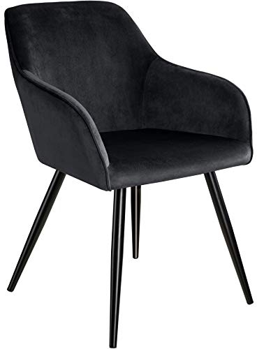 tectake® moderner Esszimmer Stuhl mit Armlehnen, Sitzfläche aus Samt, Armlehnstuhl, Sessel Wohnzimmer, gepolsterter Office Chair mit schwarzen Metallbeinen, Schminktisch Stuhl - schwarz