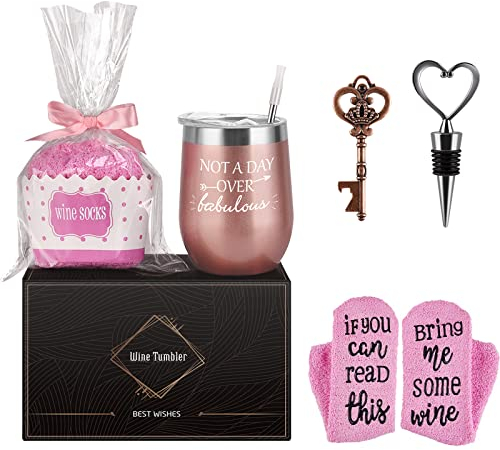 Livole Geburtstag Geschenke für Frauen Freundin mit Wein Socken, 12oz (350ml) Edelstahl Weinbecher mit Deckel, Vakuumisolierte Weingläser ohne Stiel, Flaschenöffner, Strohhalm, Tassenbürste, Rose Gold