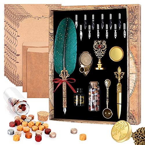 Juego de tinta y caligrafía. Incluye Soporte para bolígrafos y 12 plumas. 2 sobres. 8 hojas de papel (verde oscuro)