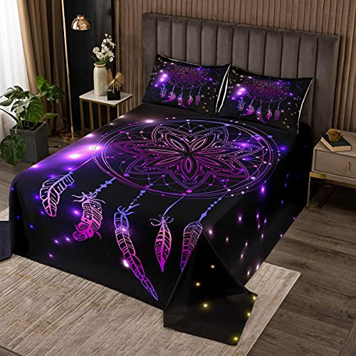 Loussiesd Lila Traumfänger Tagesdecke 240x260cm Wohndecke Mädchen Frau Böhmen Feder Bettüberwurf Stammes Exotisch Mandala Traumfänger Steppdecke mit 2 Kissenbezug