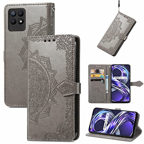 Fertuo Hülle für Realme 8i, Handyhülle Leder Flip Case Tasche mit Kartenfach, Magnet und Standfunktion [Mandala Muster] Handy Schutzhülle Ledertasche für Realme 8i, Grau