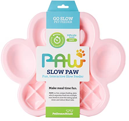 PetDreamHouse PAW Dog Slow Feeder Bowl, Puppies or Cats Plate Food Treats Controls Fast Eating Anti Bloating-Baby Pink