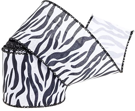 YASEO Zebra-Print Wired Edge Ribbon, White and Black Animal Pattern Print Ribbon for Wreaths, Wrapping, Crafting and Home Party Decorations, 2.5 Inches x 9.1 Yards