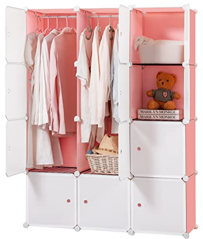 BRIAN & DANY Tragbarer Kleiderschrank zum Aufhängen von Kleidung, Schlafzimmer-Rüstung mit Türen, modularer Schrank für platzsparend, idealer Aufbewahrungs-Organizer, Handtücher (12 Würfel), Rosa