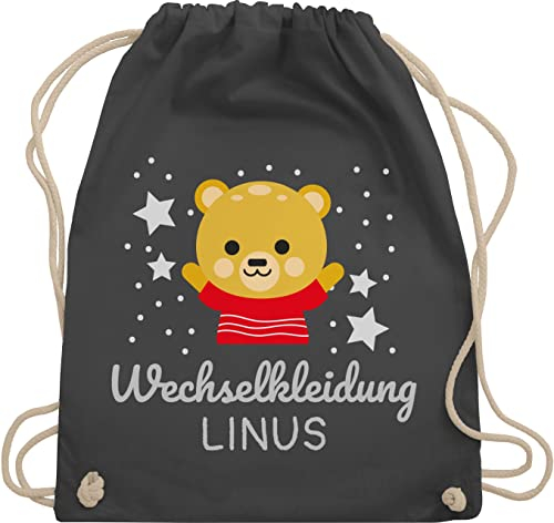 Turnbeutel Rucksack - Kita Beutel Wechselsachen Jungen - Wechselkleidung Bär - Unisize - Dunkelgrau - personalisierte wechselbeutel kindergarten stoffbeutel name kindergartenbeutel wechselwäsche