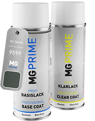 MG PRIME Autolack Sprühdosen Set für Skoda 9599 / 1S Olive Grün Metallic Basislack Klarlack Spraydose 400ml