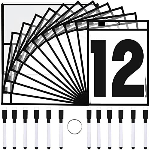 LVNRIDS 12 Pack Dry Erase Pockets Teacher Supplies, 10 x 14 Oversized Reusable Dry Erase Pocket Sleeves with 12 Erase Pens 1 Metal Ring for Paper Classroom School Office Warehouse Black