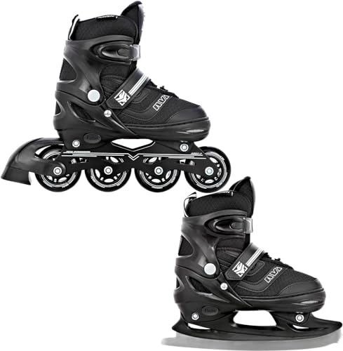 RAVEN Inline Skates Inliner für Kinder und Erwachsene OPTIONAL 2in1 mit Schlittschuhen verstellbar (Drill Black mit Kufen, 34-37 (21,5cm-24cm))