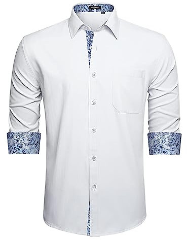 HISDERN Chemise Blanche pour Homme à Manches Longues décontractée Chemises Formelles Coupe régulière contrastée intérieure avec Poches 4XL