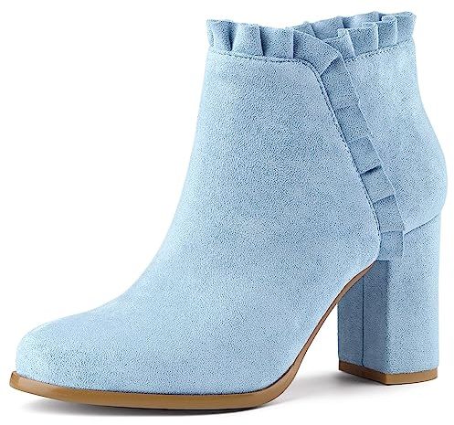 Allegra K Women Chunky Block Heel Ankle Boots Ruffle Faux Suede Rubber | Chunky Heel. Soft Insole. Comfortable Height. Short Shaft. Dating, Party, Wedding. Flower Decor