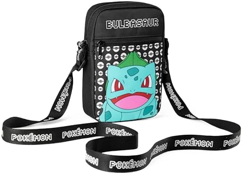 Pokemon Kinder Umhängetasche, Pikachu Reisetasche mit Verstellbarer Schultergurt, Großes Hauptfach mit Reißverschluss Kinder Geschenke (Schwarz Bulbasaur)