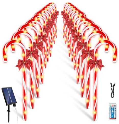 Weihnachten Zuckerstangen Lichter, 20 Stück 120 LED Zuckerstangen Beleuchtet, 8 Modi Dimmen wasserdichte Lichterkette Außen Dekorationen, Weihnachten im Freien Zuckerstangen Beleuchtet（Type C+Solar）