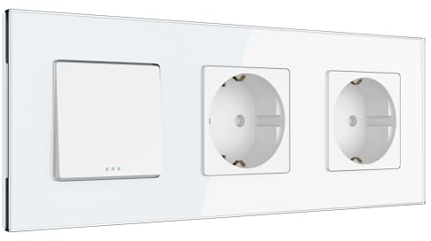 PULSAR Steckdose x2 mit Kreuzschalter 3-Fach Glas - Lichtschalter Unterputz mit Doppel-Steckdose 16A 250V Weiß