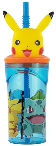CARTOON Vaso con pajita Pokémon con Pikachu personaje 3D de plástico reutilizable BPA Free capacidad 360 ml