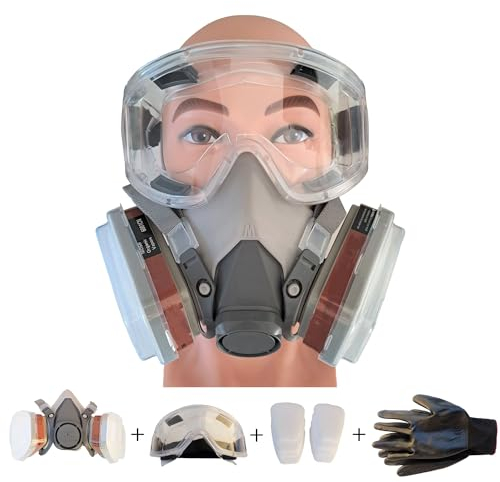 Coloss - Wiederverwendbare Atemschutzmaske, Filter und Brille im Lieferumfang enthalten, staubdicht, gasdicht, rauchdicht, chemikalien- und partikelfrei. Ein Paar Arbeitshandschuhe inklusive.