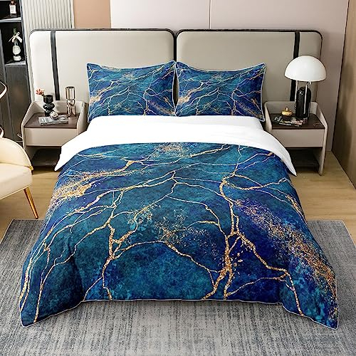Loussiesd Marine Blau Marble 100% Baumwolle Bettwäsche Set 135x200cm Moderne Marmor Ästhetische Bettbezug Set Baumwolle für Schlafzimmer Dekor Retro Aquarell Artwork Bettbezug Set Gold Blau