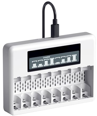 CITYORK Chargeur de Batterie AA AAA 8 Baies avec écran LCD, Charge Rapide USB et Emplacement indépendant pour 1,5V Piles Rechargeables Lithium-ION AA AAA