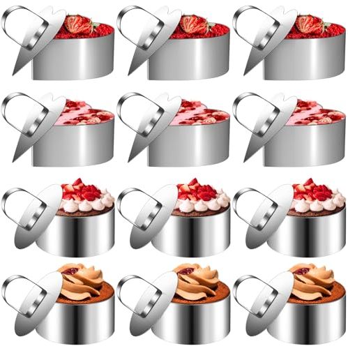 MZJAUVF 12Stück Dessertringe, 8cm Servierringe, Edelstahl Anrichteringe, Mousse Ring, 6 Herzen Tortenring, 6 Runde Servierring, Wiederverwendbar Speiseringe, Kuchenring Set für Mousse, Kuchen, Pudding