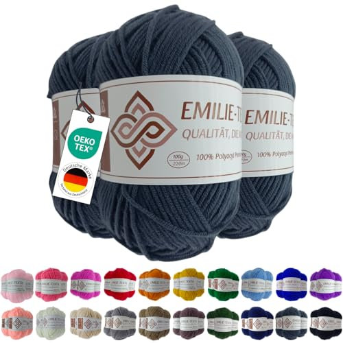 Emilie-Textil Premium Polyacryl-Garn 3X100g 20 Farben OEKO-TEX zertifiziert für Babys/Allergiker, Garn zum häckeln und stricken (3, Blau Grau)
