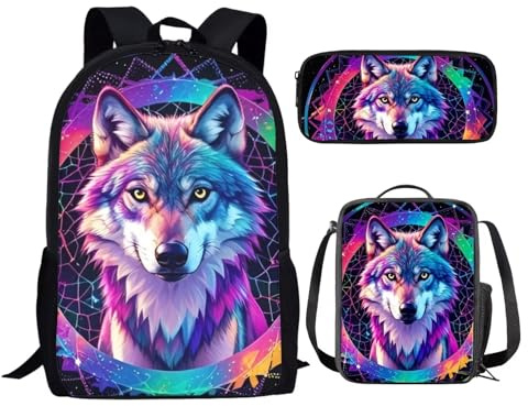 Chaqlin Sac à Dos Enfants 3 Pièces - Cartable Garçons Avec Motif Loup et Galaxie, Boîte à Lunch et Trousse - Grand Sac de Voyage Pour la Rentrée Scolaire