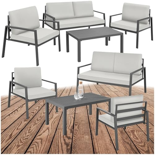 tectake® Aluminium Lounge, Set mit 2 Sessel 1 Sofa 1 Beistelltisch Outdoor, Gartenmöbel mit Kissen, Loungemöbel Set für Balkon, Garten, Wintergarten, Terrassenmöbel - hellgrau