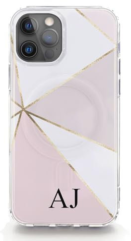 Personalised Initials Phone Case For Apple iPhones, 16, 15, 14, 13, 12, 11 Pro Max, Mini, Plus, Samsung, S24, S25 Gel Case Compatible with MagSafe, Low Black Monogram on Light Purple Triangle Print