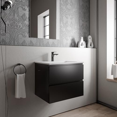 BERNSTEIN Badmöbel-Set Ava 60cm bestehend aus Mineralguss-Waschbecken mit Unterschrank in Schwarz matt, Waschtisch BRUXELLES - Weiß matt mit Hahnloch, Ideal für Kleine Bäder und Gäste-WCs