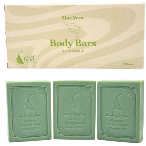 GREEN FADEL (Luxury) Aleppo Seife Original mit Aloe Vera, 3 Stück, Aleppo Seife Olivenöl & Lorbeeröl, Olivenölseife, Naturseife, für Gesicht & Körper