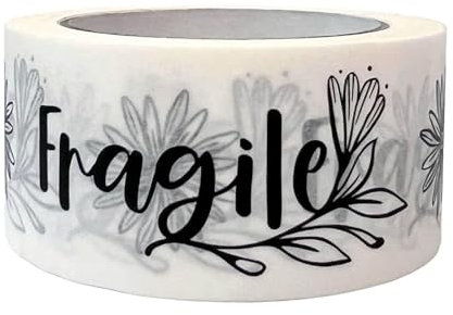 INKKIN Fragile White Packaging Tape | Pretty Black Botanical Flower Pattern | 50mm x 50m