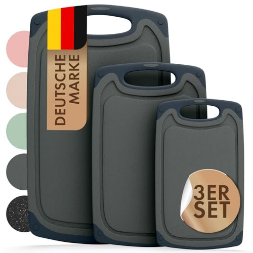 Blumtal Schneidebrett Set mit 3 Größen (S/M/L) - Schneidebrett Kunststoff groß + Saftrillen & Griff - Cutting Board - Schneidbrett BPA frei und spülmaschinenfest - Küchenbrett Grau
