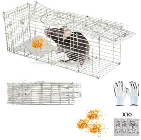 WEMK Mausefalle Lebend XL Klappbar - Lebendfalle Maus Wiederverwendbar - Mäusefalle mit 10 Ködern und Handschuhen - Ohne Gift Edelstahl - Sicher für Kinder und Haustiere