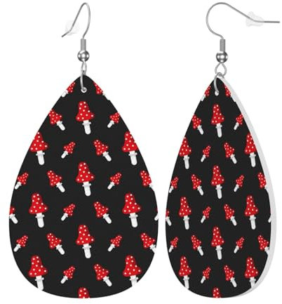 Damen-Leder-Wassertropfen-Ohrringe, Tropfenform, baumelnd, roter Cartoon-Pilz-Charm-Zubehör für Partys, Feiertage, Einheitsgröße, Leder