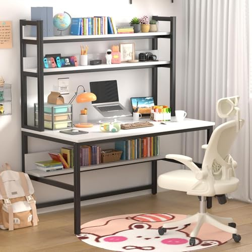 Aquzee Schreibtisch mit Regal, 140 cm Schreibtisch Weiß mit Stauraum, Platzsparend PC Tisch mit Hutch, Home Office Computertisch für Studie Arbeitsplatz, Industrie-Design Bürotisch 140×60×165cm