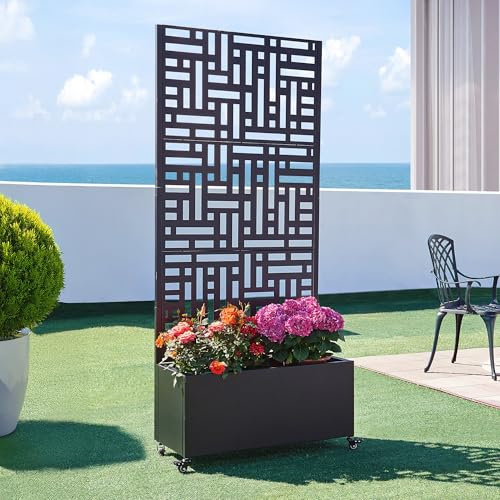 casa.pro Blumenkasten mit Sichtschutz Bernalda Rankgitter Metall Balkon Pflanzkübel hoch 190 x 82 x 38 cm Trennwand mit Rollen Schwarz