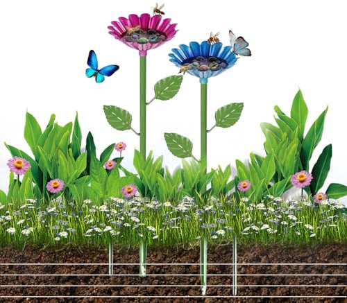 2Pcs Bee Watering Feeder Station Metal Flower Shaped Bee Waterer Insect Drinking Cups Bird Butterfly Drinking Station for Outdoor Garden Yard Beehive Accessories (Blue + Pink)